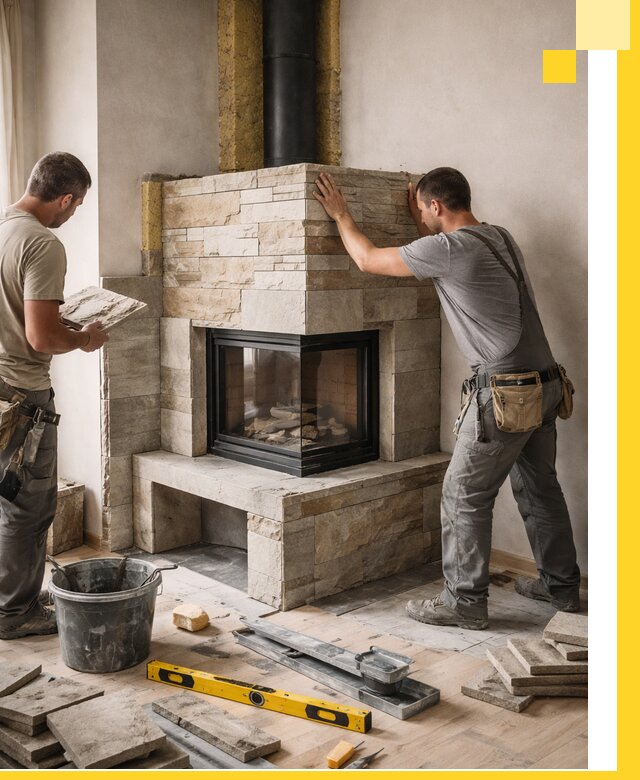 Угловые камины под ключ проект, монтаж и отделка в Дмитрах