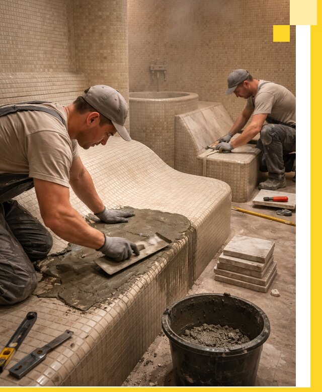 Лежаки для хамама под ключ в Дмитрах, проект и монтаж