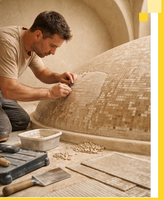 Профессиональная укладка мозаики для хамама под ключ в Дмитрах